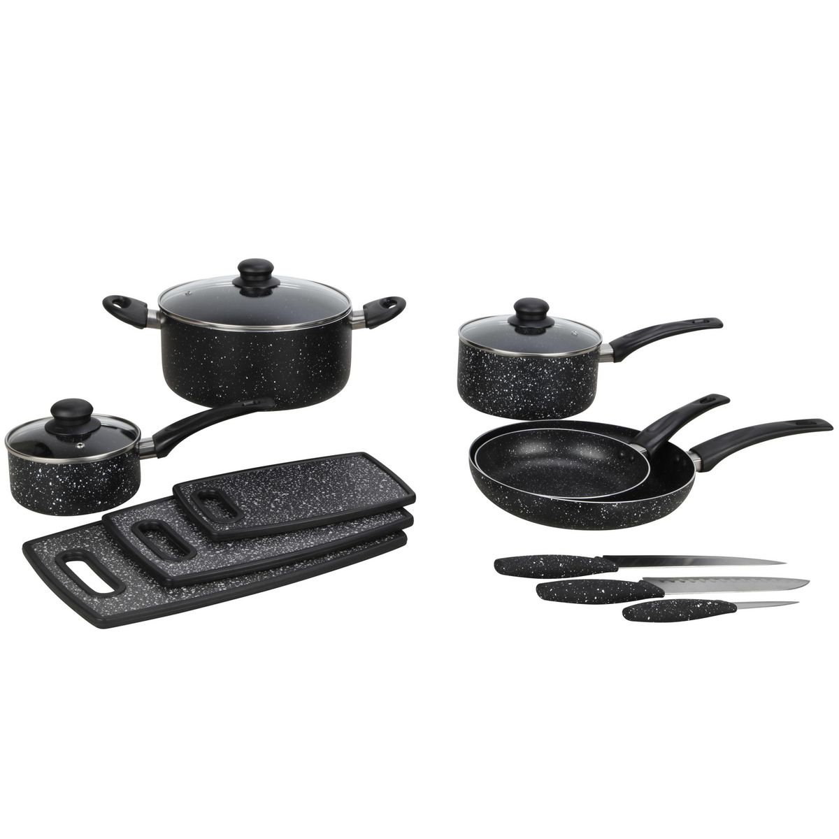 JUST HOME COLLECTION - Batería de Cocina 14 Piezas Acero inoxidable Antiadherente + 3 Tablas + 3 Cuchillos