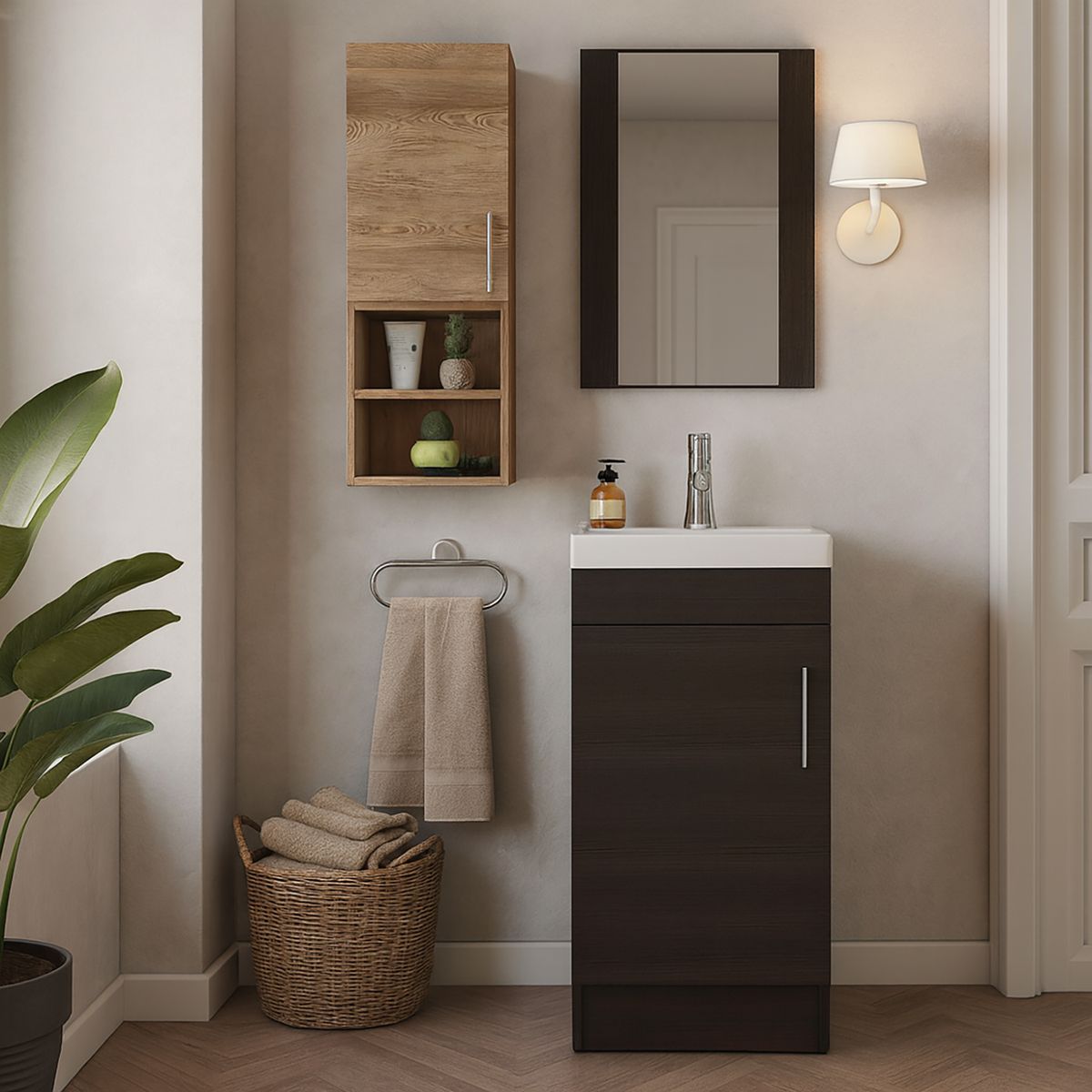 TUHOME - Combo botiquín + mueble lavamanos + muro miel wengue