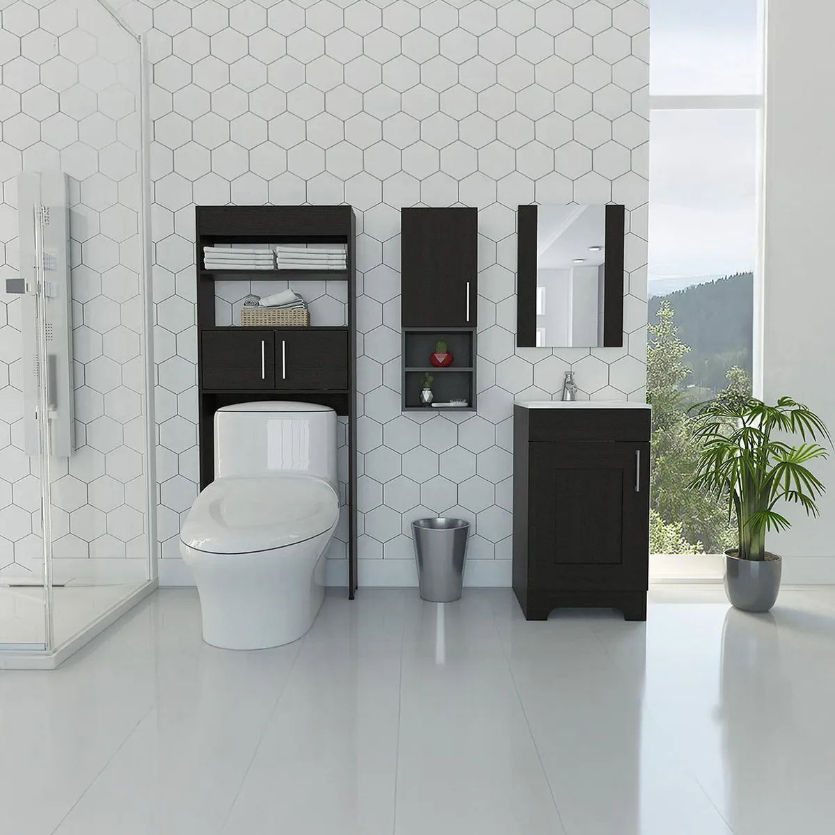 TUHOME - Combo botiquín + mueble lavamanos + muro wengue