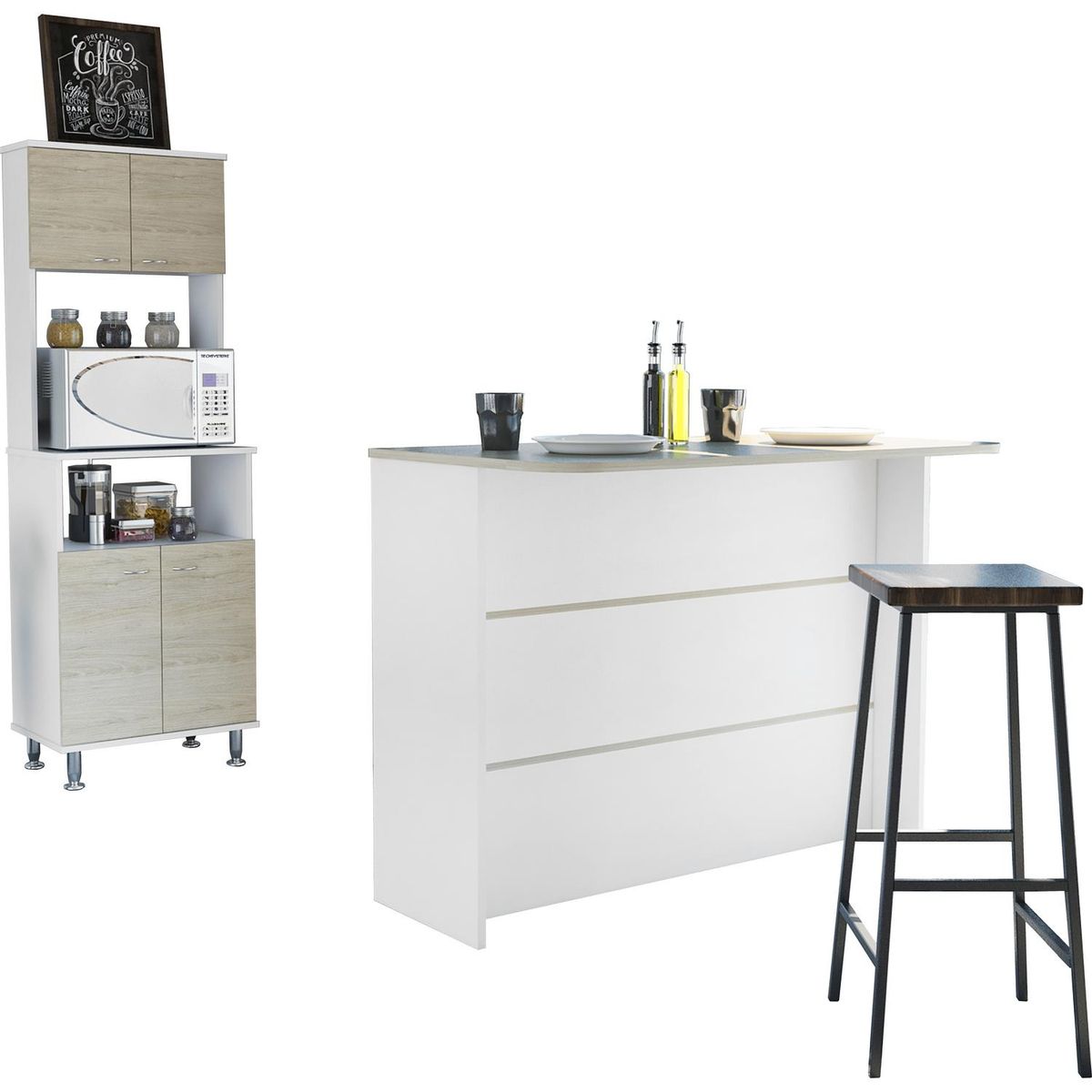TUHOME - Combo cocina mueble microondas + barra de cocina blanco