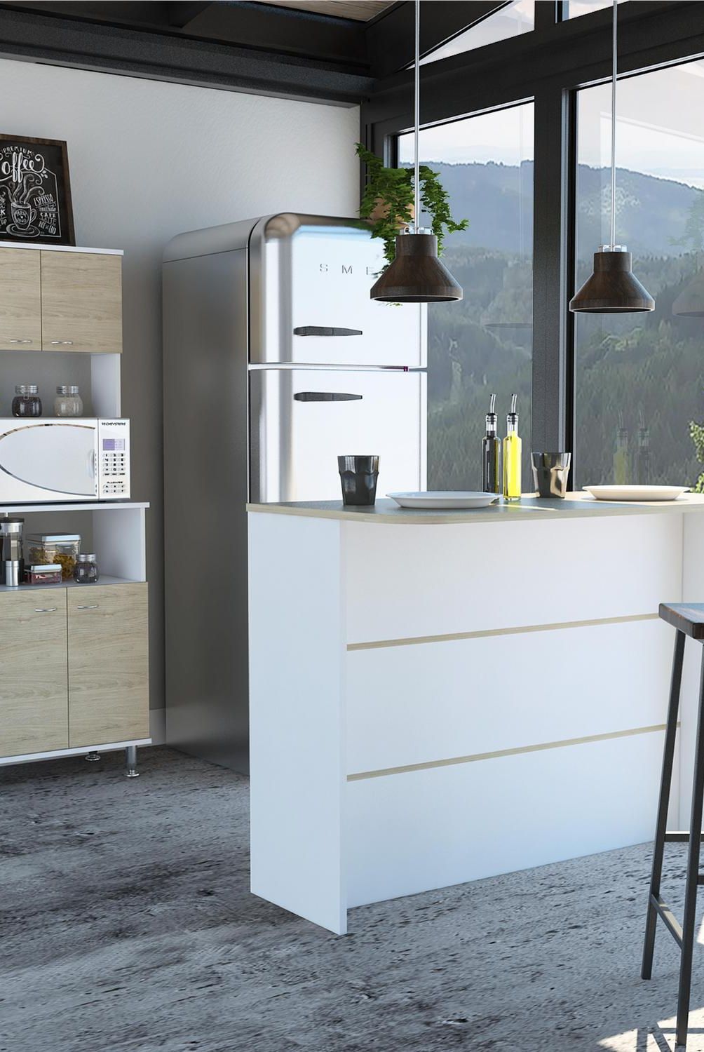TUHOME - Combo cocina mueble microondas + barra de cocina blanco