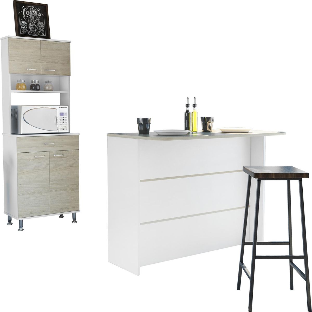 TUHOME - Combo cocina mueble microondas + barra de cocina - blanco