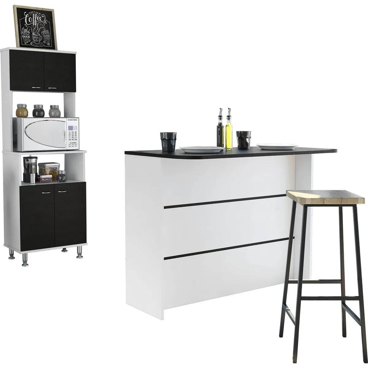 TUHOME - Combo cocina mueble microondas + barra de cocina blanco