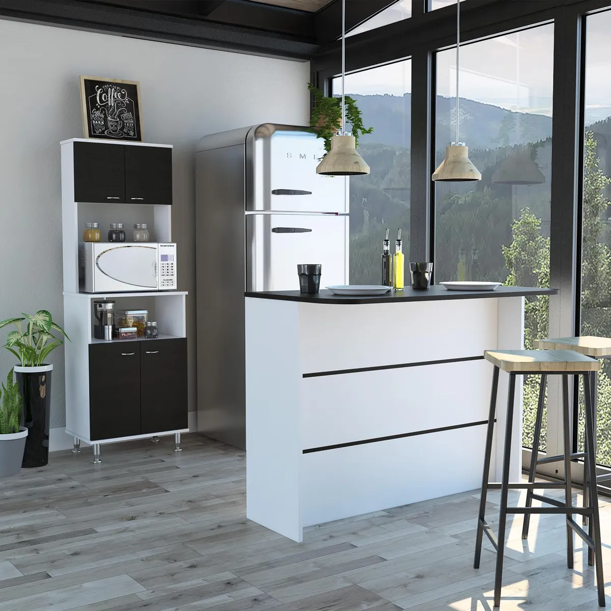 TUHOME - Combo cocina mueble microondas + barra de cocina blanco