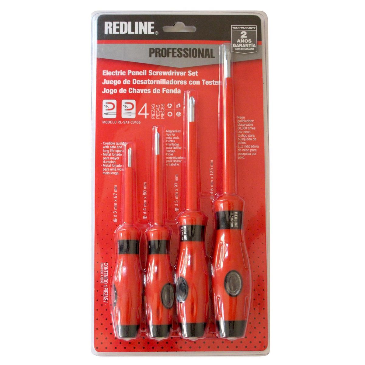 REDLINE - Set atornilladores con tester cruz 3, 4, 5 y 6 mm