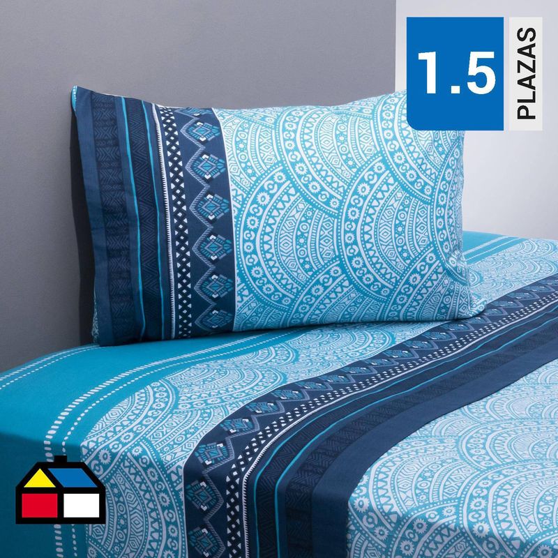 AMERICAN FAMILY - Juego de Sábanas Mandala 1.5 plazas 144 Hilos Azul/ Celeste