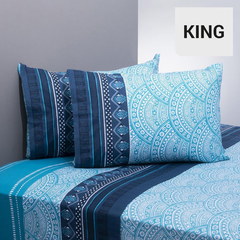 AMERICAN FAMILY - Juego de Sábanas Mandala King 144 Hilos Azul/ Celeste