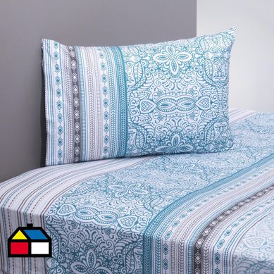 Juego sbanas 200 hilos daltia turquesa/blanco 1.5 plazas