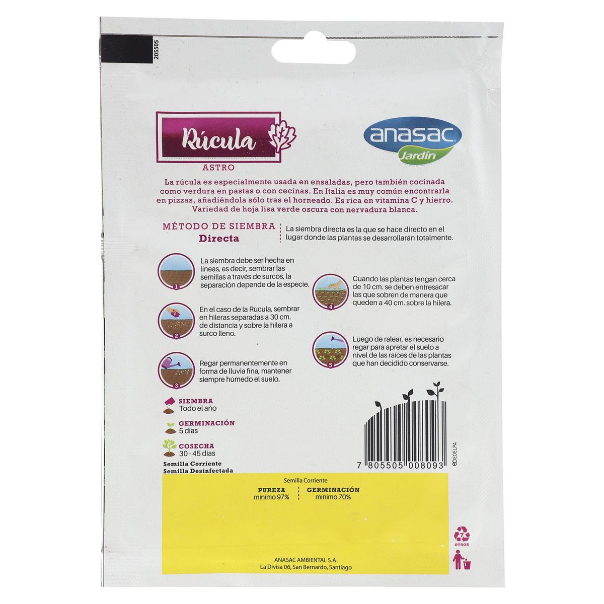 ANASAC - Semilla de Hortaliza Rucula 5 gr Sachet