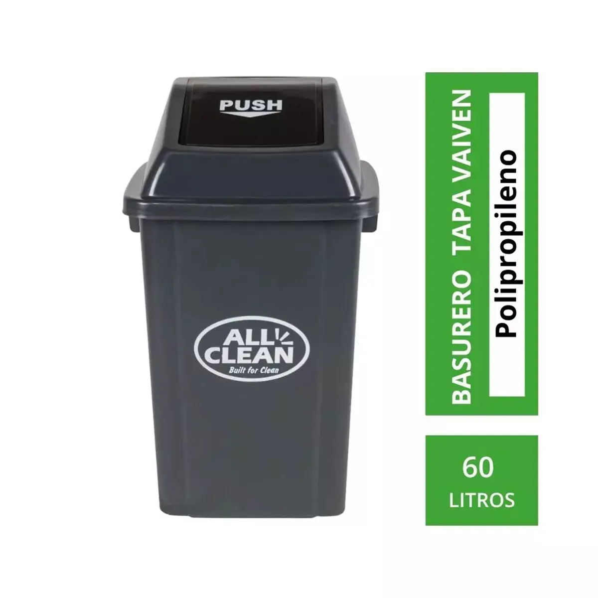 ALL CLEAN - Basurero 60 Litros PVC Gris Oscuro