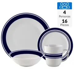 JUST HOME COLLECTION - Juego de Loza 16 Piezas Porcelana Borde Blanco/Azul