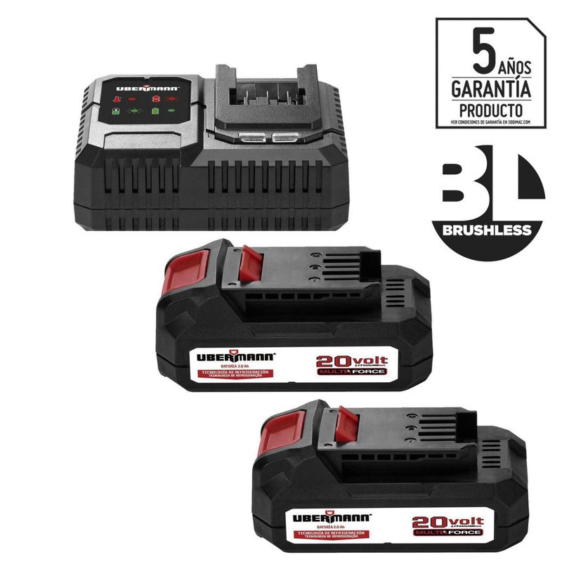 UBERMANN - Kit 2 baterías recargables 20V 2 Ah + cargardor - Generación Brushless