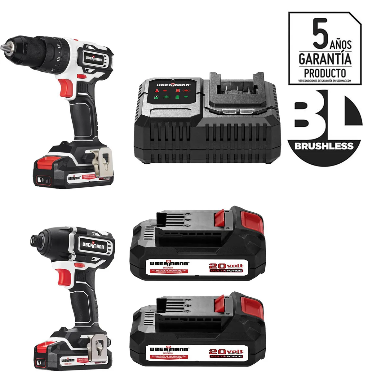 UBERMANN - Kit Taladro Percutor 20V+ Atorniillador de Impacto 20V +2 Baterías 2AH + Cargador