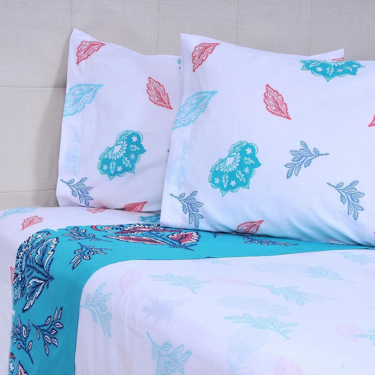 MASHINI - Juego de Sábanas Antuario 2 plazas 144 Hilos Blanco/ Turquesa