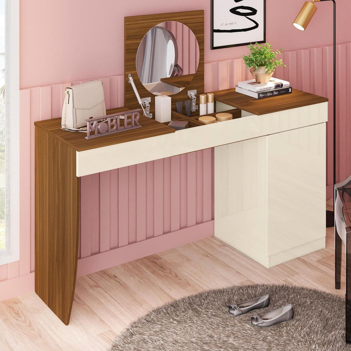 VEKKAHOME - Tocador 1 Puerta Frida 136x75x45 cm Café/Blanco