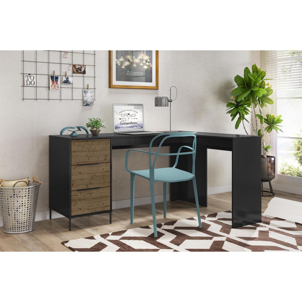 VEKKAHOME - Escritorio Esquinero San Francisco Negro/Café 105x75.5x119 cm