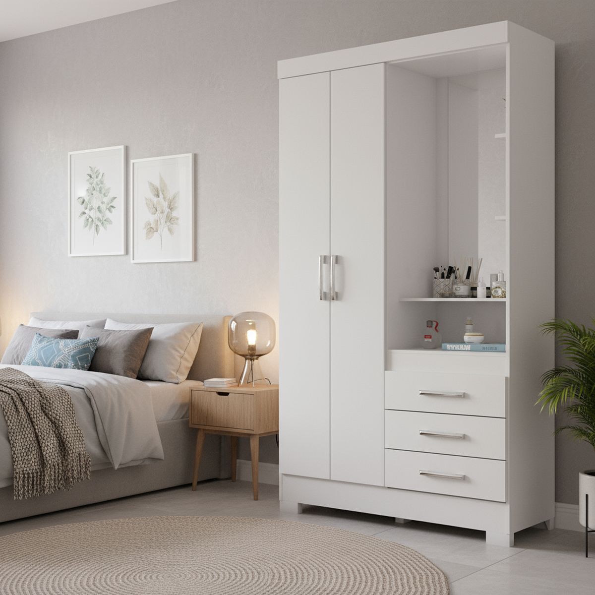 HOME MOBILI - Clóset 2 Puerta(s) 3 Cajón(es) 5 Repisa(s) 110x200x47 cm Blanco/Rosado