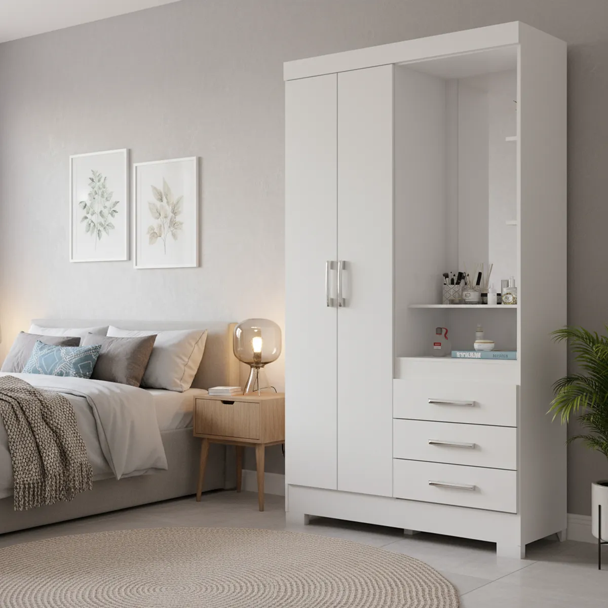 HOME MOBILI - Clóset 2 Puerta(s) 3 Cajón(es) 5 Repisa(s) 110x200x47 cm Blanco/Rosado