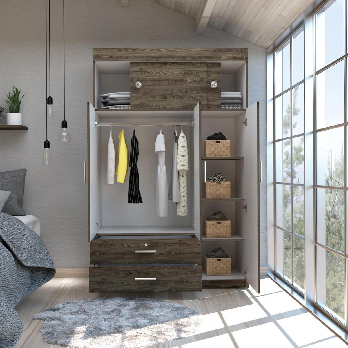 TUHOME - Clóset 5 Puerta(s) 2 Cajón(es) 4 Repisa(s) 120x187.5x51.5 cm Coñac/Blanco