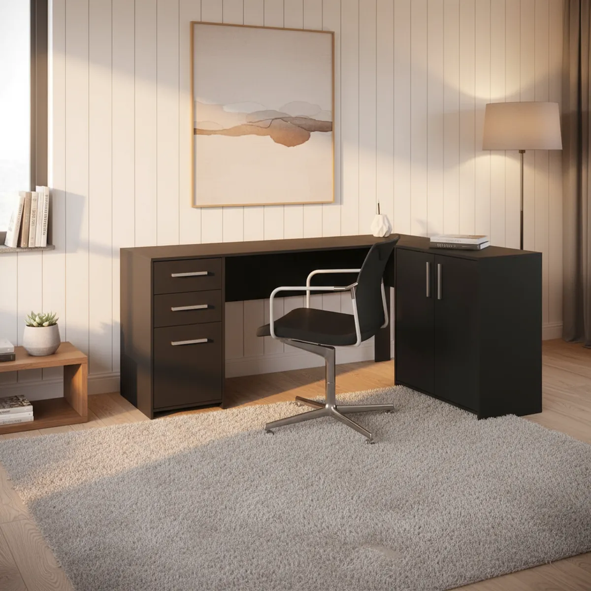 HOME MOBILI - Escritorio en L Esquinero Mónaco Negro 157x74x45 cm