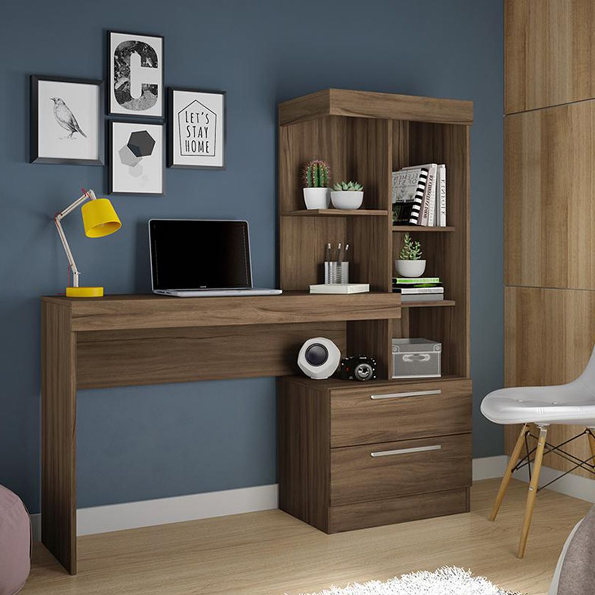 HOME MOBILI - Escritorio 2 cajones 4 repisas nogal 137x132x38 cm