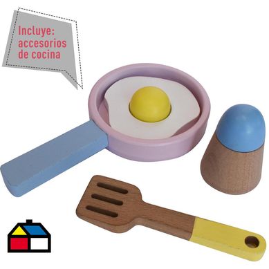 Cocina madera con accesorios celeste/blanco