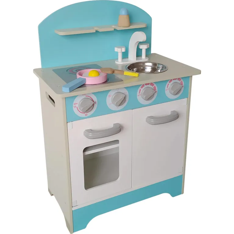 Cocina madera con accesorios celeste