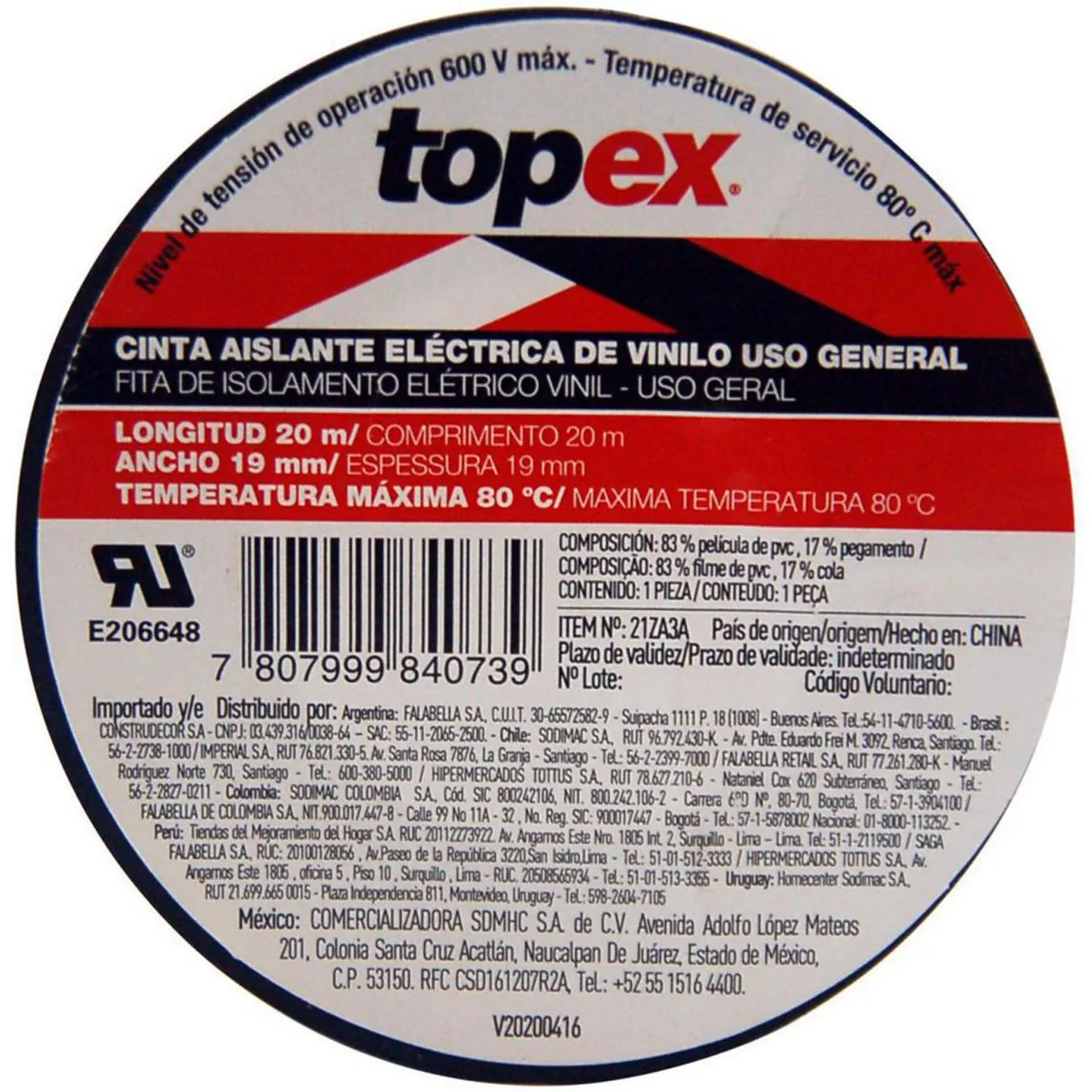 TOPEX - Cinta aislante negra 19 mm x 20 m