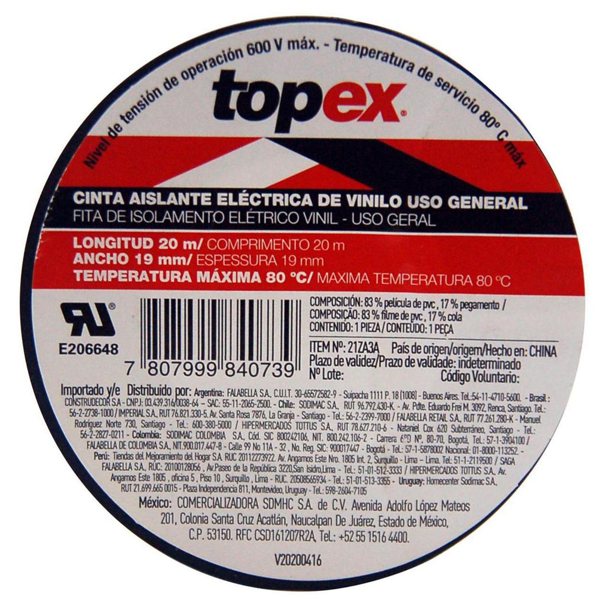 TOPEX - Cinta aislante negra 19 mm x 20 m prop 5 unidades