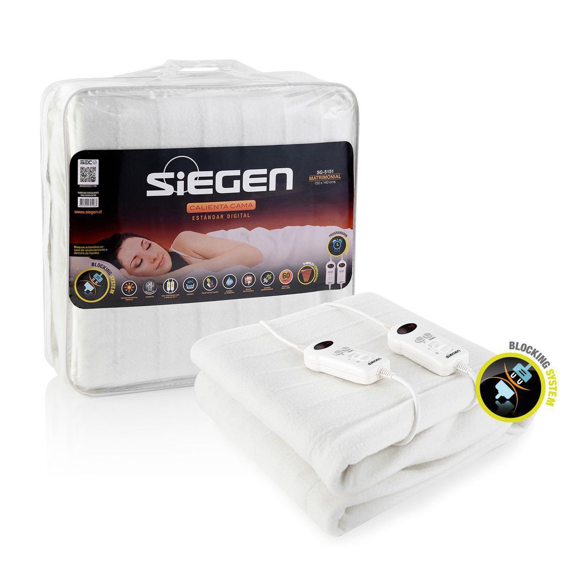 SIEGEN - Calientacamas Eléctrica Poliéster 2 plazas 60 W Blanco