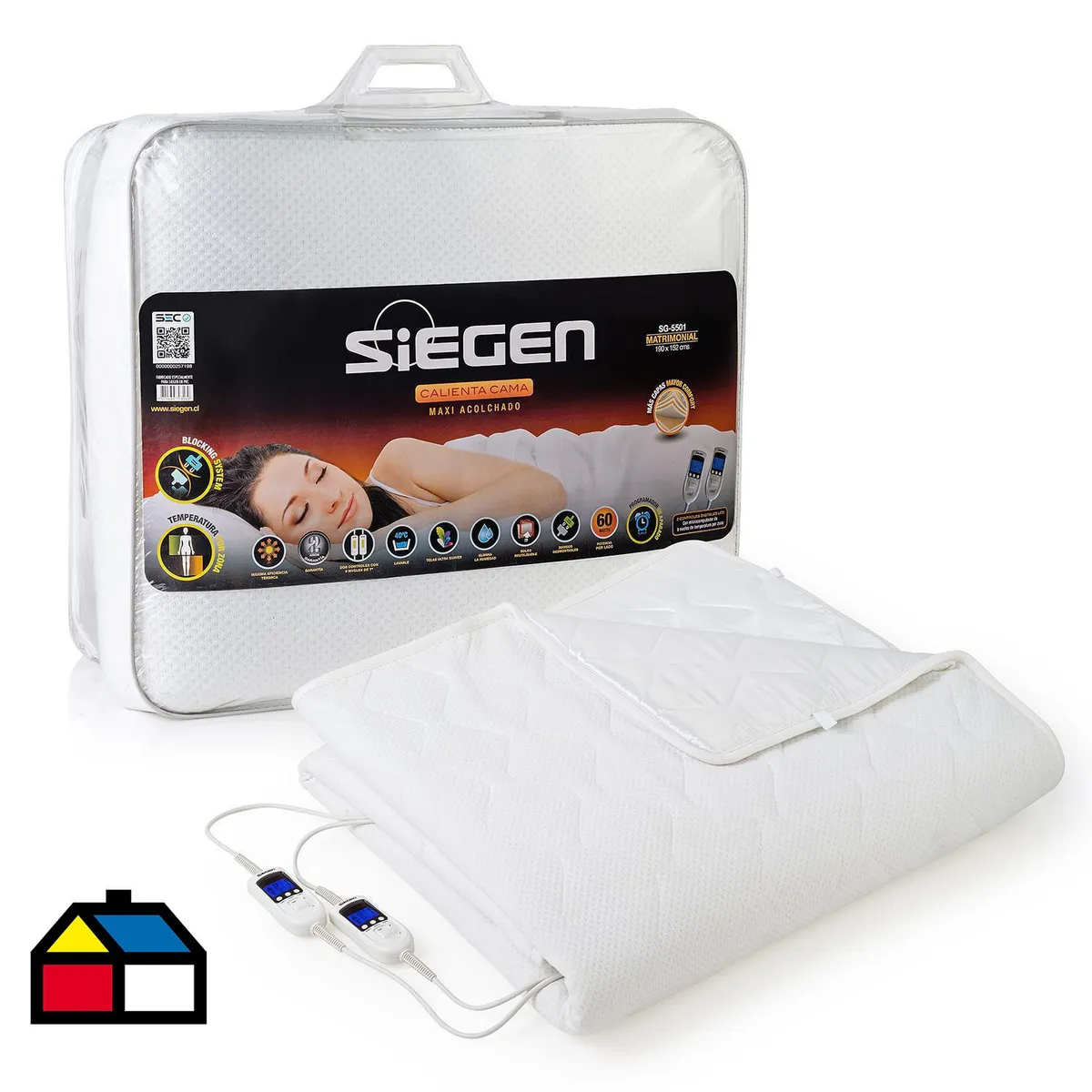 SIEGEN - Calientacamas Maxi Eléctrica Poliéster 2 plazas 120 W Blanco