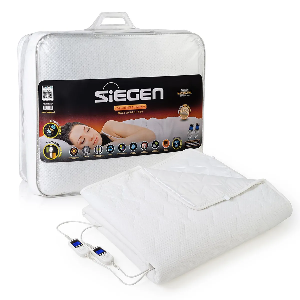 SIEGEN - Calientacamas Maxi Eléctrica Poliéster 2 plazas 120 W Blanco