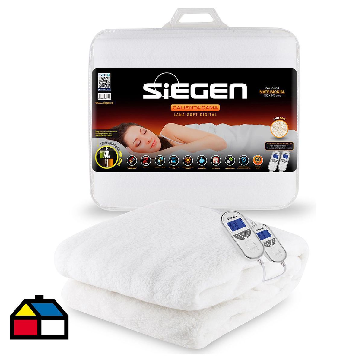 SIEGEN - Calientacamas Eléctrica Poliéster 2 plazas 120 W Blanco