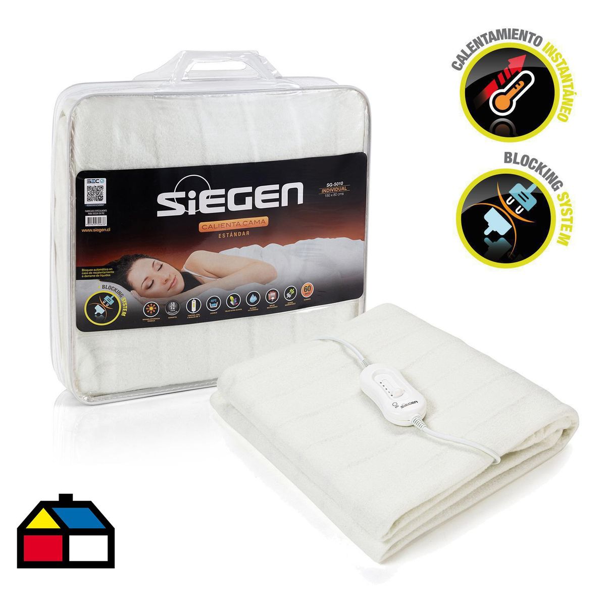 SIEGEN - Calientacamas Eléctrica Poliéster 1 plaza 60 W Blanco