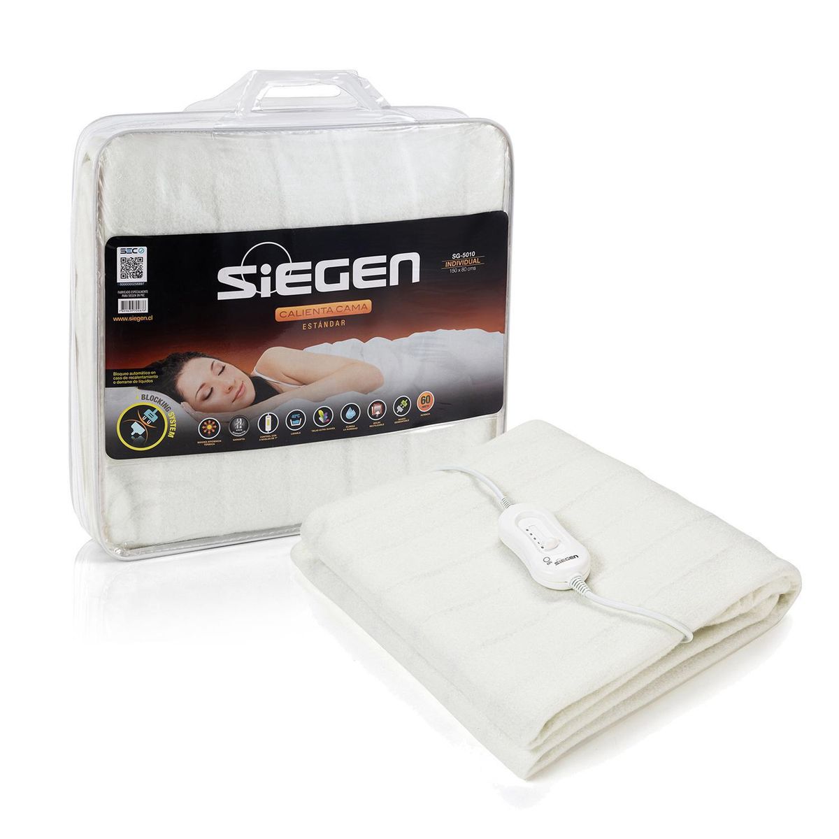 SIEGEN - Calientacamas Eléctrica Poliéster 1 plaza 60 W Blanco