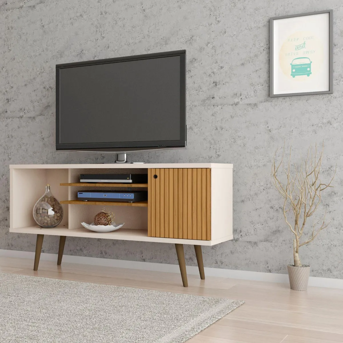 HOGA - Rack TV 55" blanco invierno ripado 68x135x36 cm