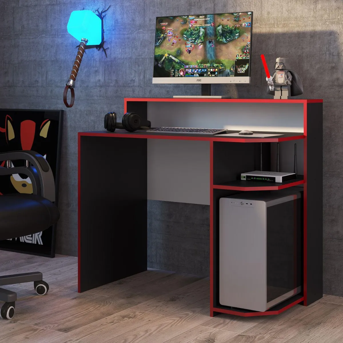 HOGA - Escritorio gamer power negro 90x100x53 cm