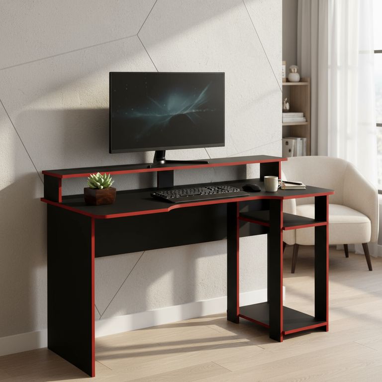 TECNOMOBILI Escritorio gamer 89,5x136x60 cm melamina negro-rojo