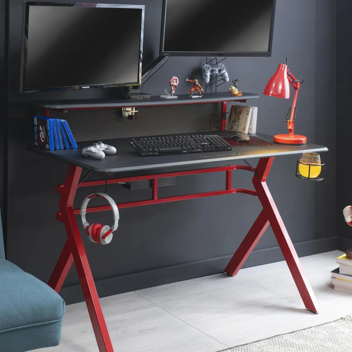 JUST HOME COLLECTION - Escritorio Gamer Rojo, Negro 70x95x120 cm