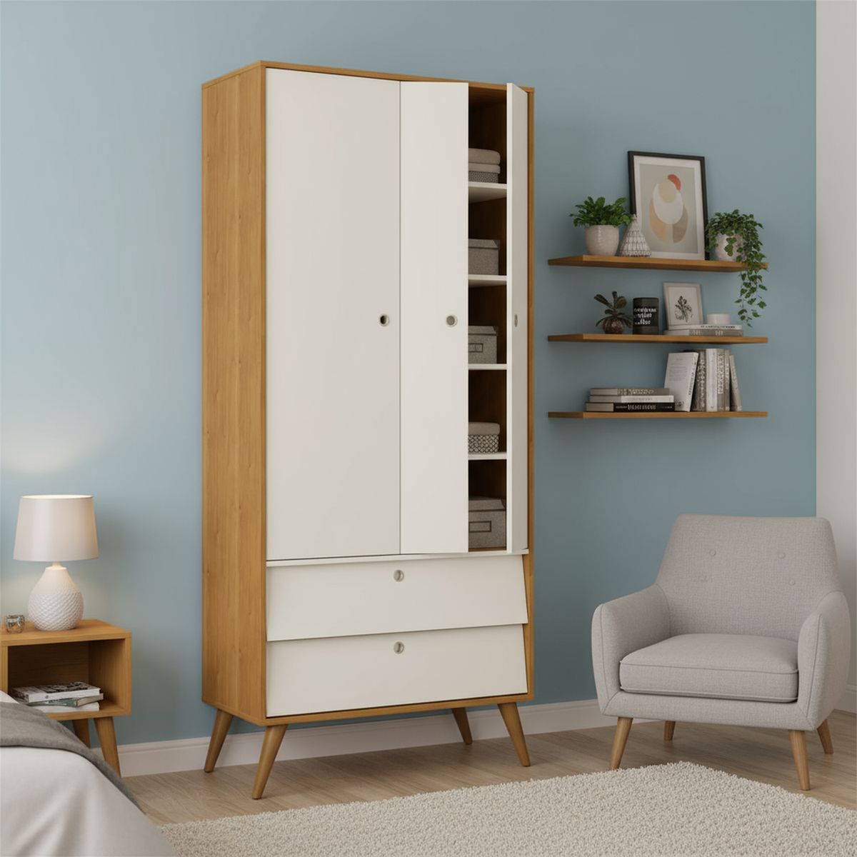 KIDSCOOL - Clóset 2 Puerta(s) 2 Cajón(es) 3 Repisa(s) 88.5x205x46 cm Blanco/Natural