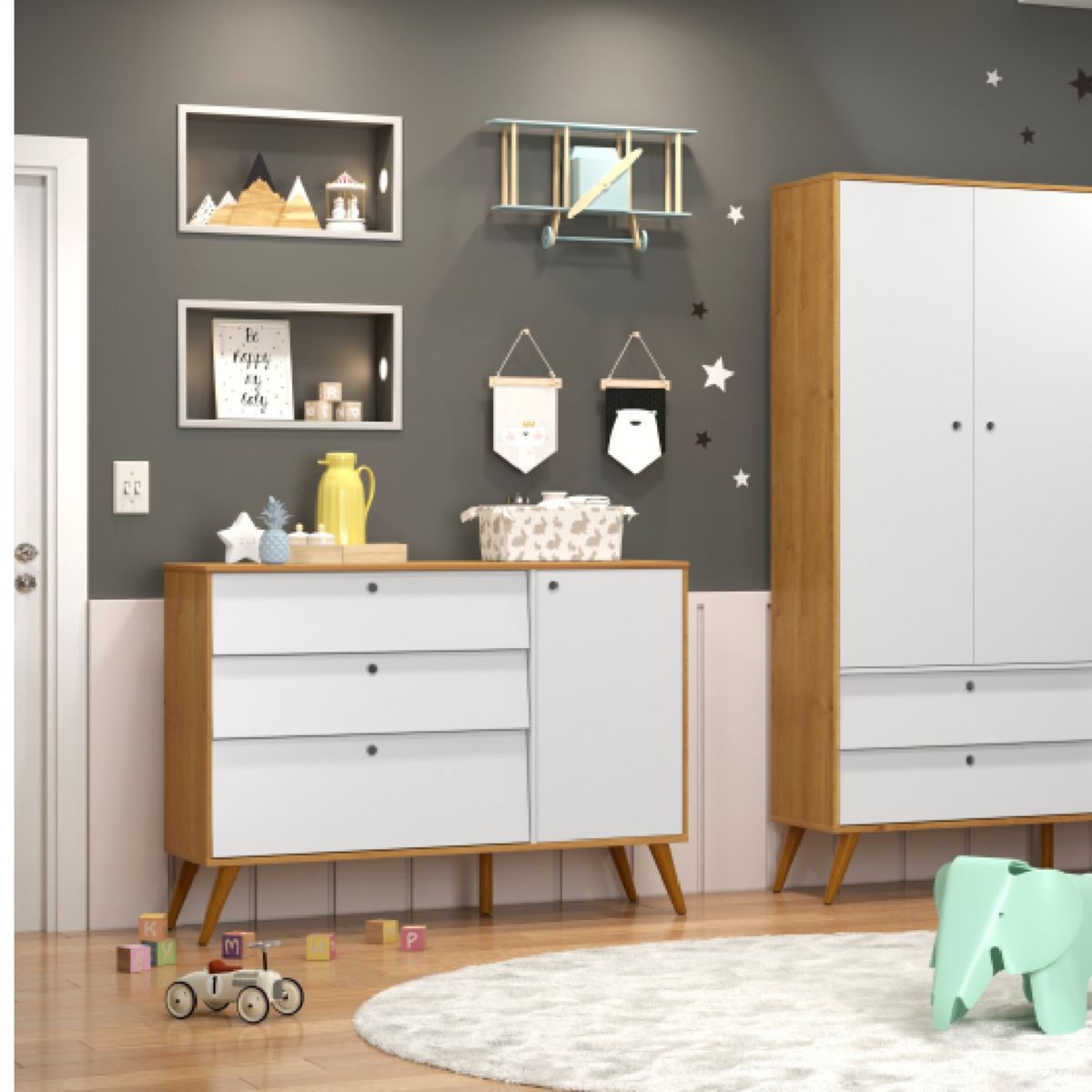 KIDSCOOL - Clóset 2 Puerta(s) 2 Cajón(es) 3 Repisa(s) 88.5x205x46 cm Gris/Natural