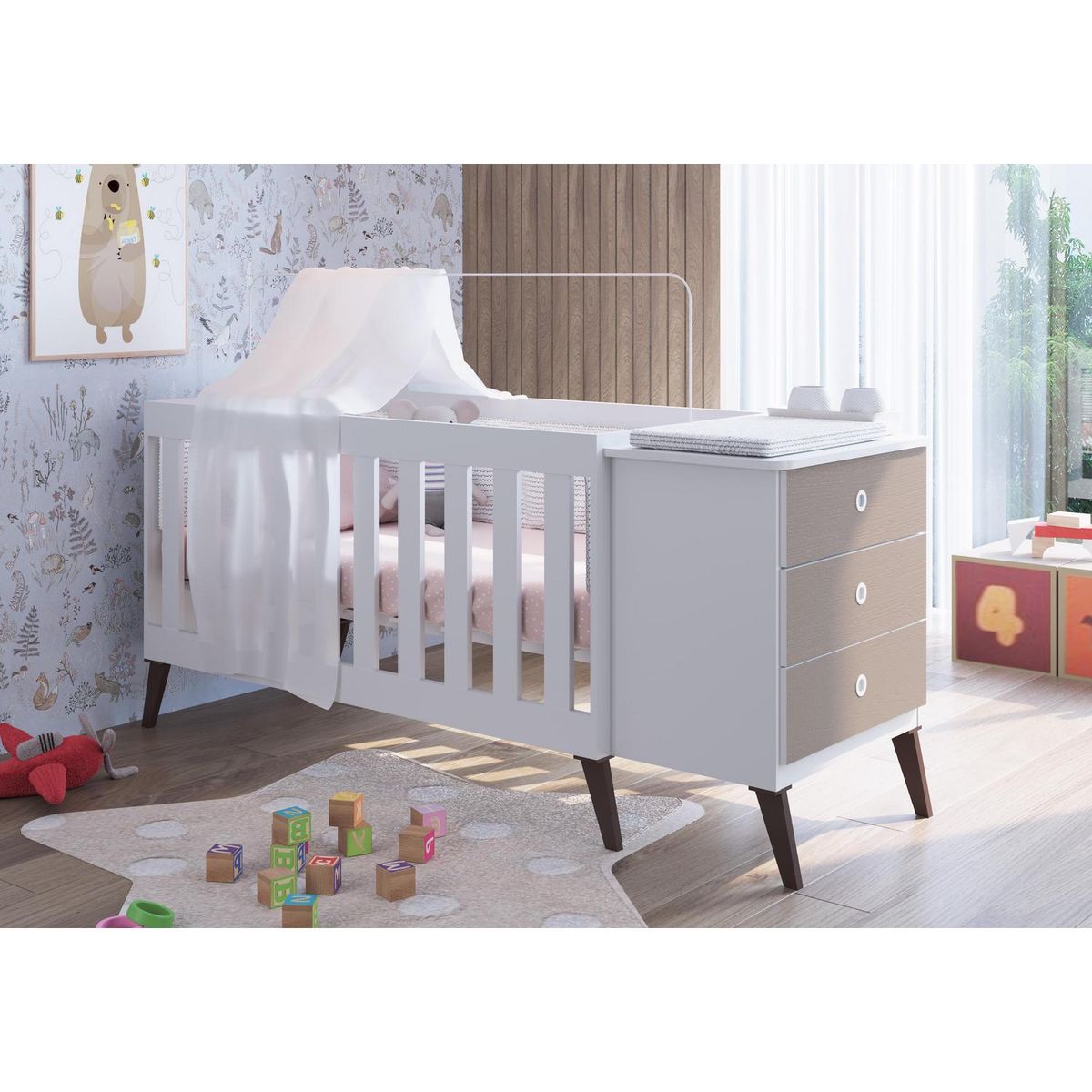 KIDSCOOL - Cuna con cajonera 64,4x77,4x176 cm blanco/gris