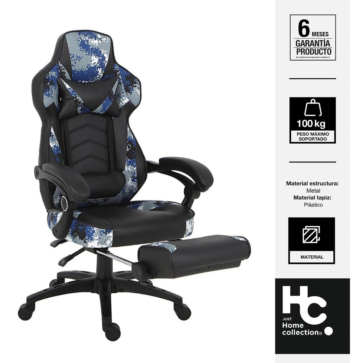 JUST HOME COLLECTION - Silla Escritorio Gamer Reposapiés Camuflaje Negro/Azul
