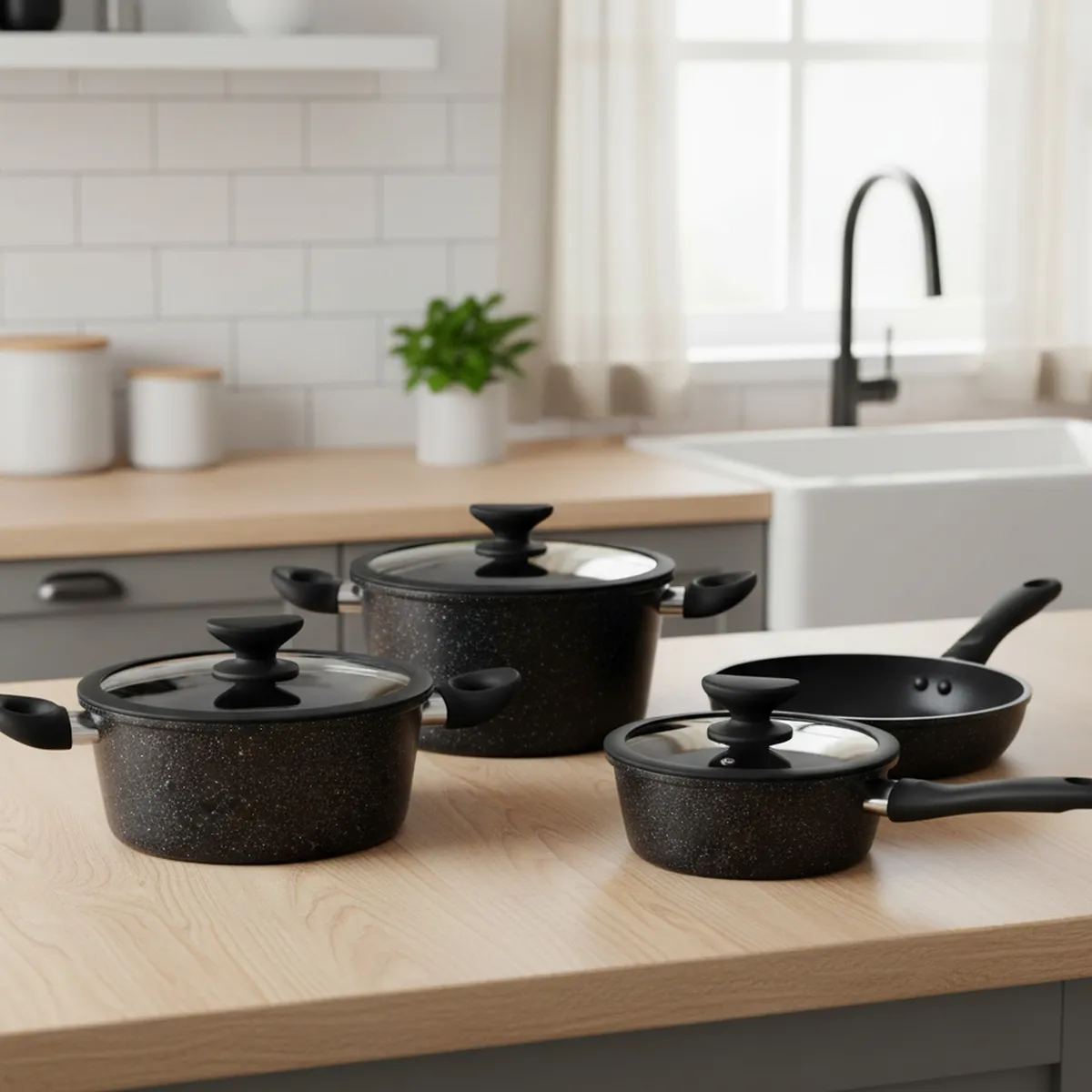 JUST HOME COLLECTION - Batería de Cocina 7 Piezas Aluminio Antiadherente Negro