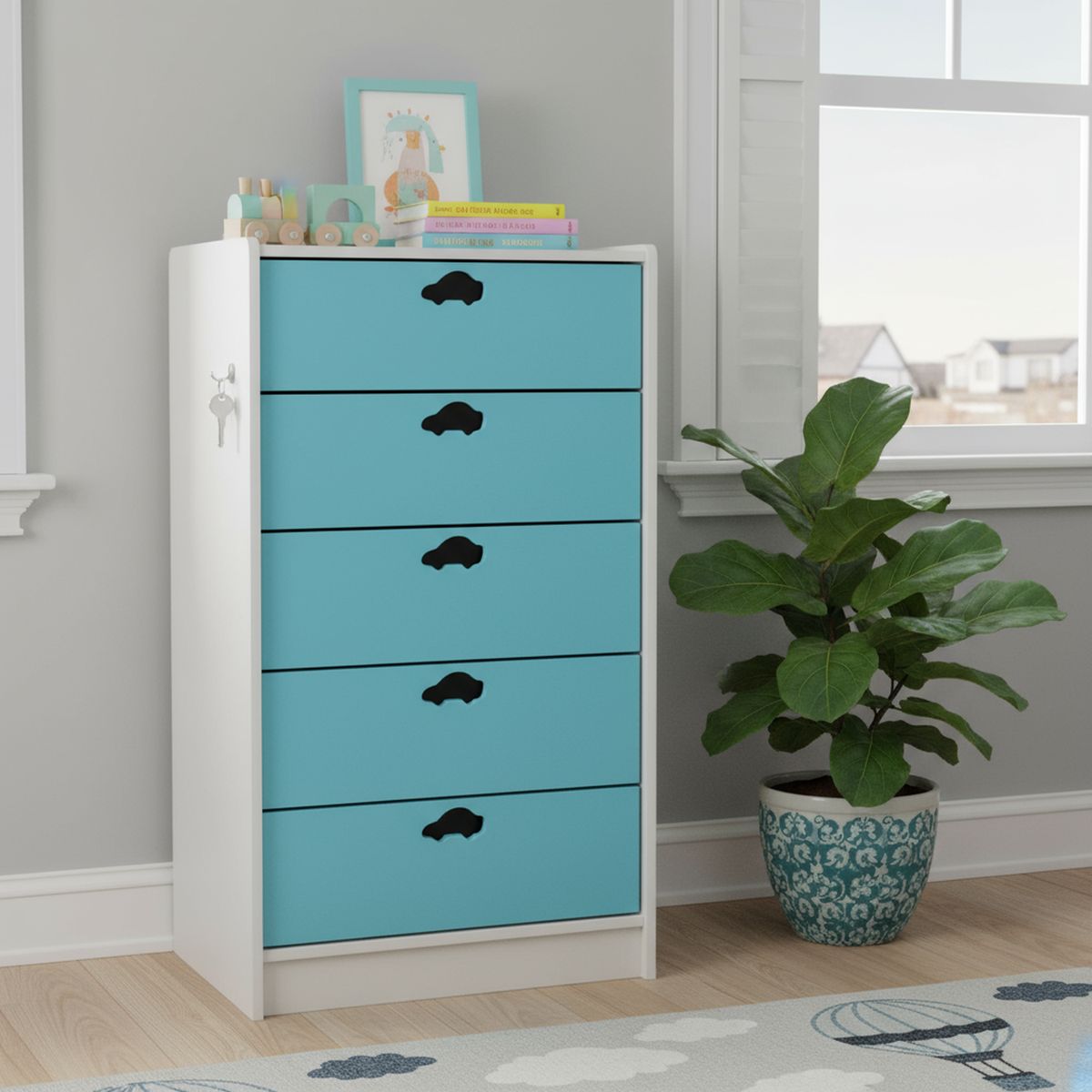 MUEBLES KIDS - Cajonera 5 Cajón(es) Celeste Auto 60x115x40 cm Celeste