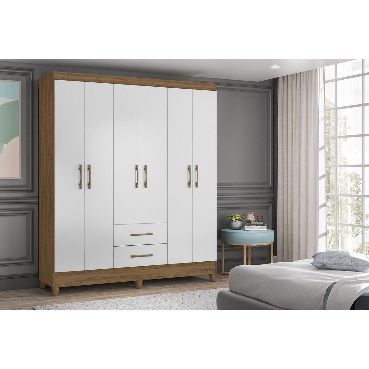 ROCH LTDA - Clóset 6 Puerta(s) 2 Cajón(es) 4 Repisa(s) 153x182x47 cm Blanco/Natural