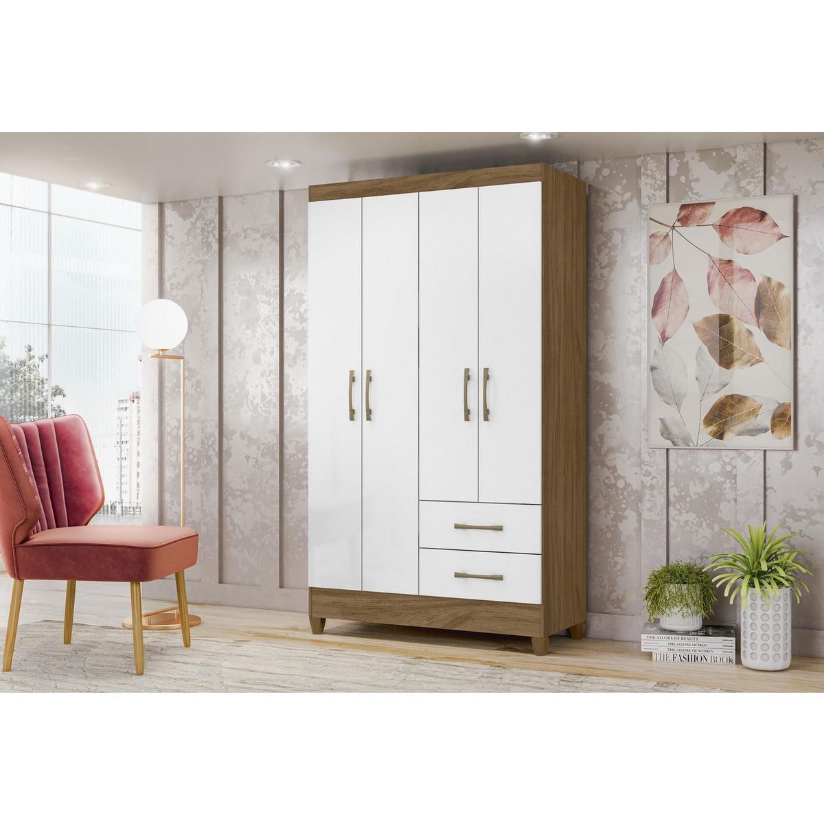ROCH LTDA - Clóset 4 Puerta(s) 2 Cajón(es) 3 Repisa(s) 103x182x47 cm Blanco/Natural