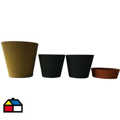 Set 4 Maceta Arena 1 Alto mostaza 2  Mediano negro 1 Suculenta naranjo