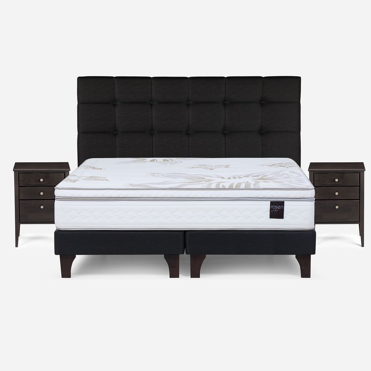 ROSEN - Cama King Europea Art 4 + Respaldo + 2 Veladores