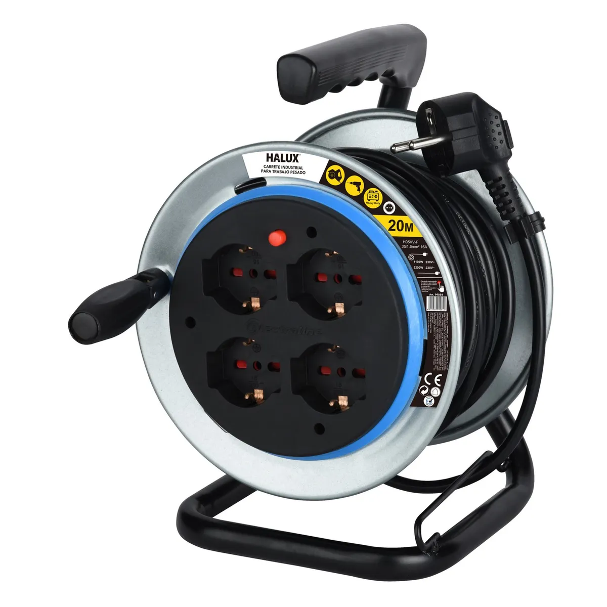 HALUX - Carrete Alargador Shuko 16A 4 Toma(s) 20 m Negro/Gris